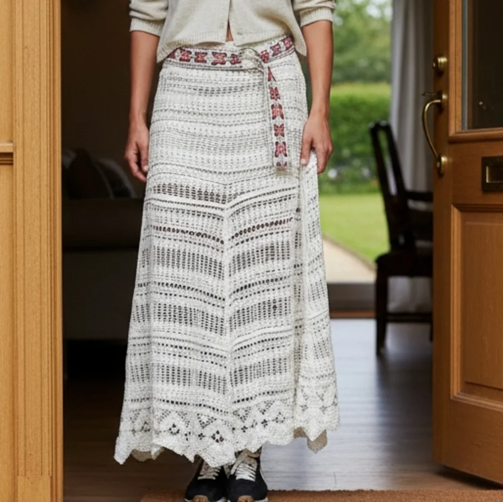 POL Openwork Boho Crochet Knit Scallop Maxi Skirt Butterfly Embroidered Belt - Picture 2 of 16
